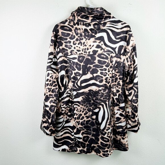 Puli Jacket Size M Black Tan Cinch Waist Zip Snap Animal Print Roll Tab Sleeve - Picture 4 of 13